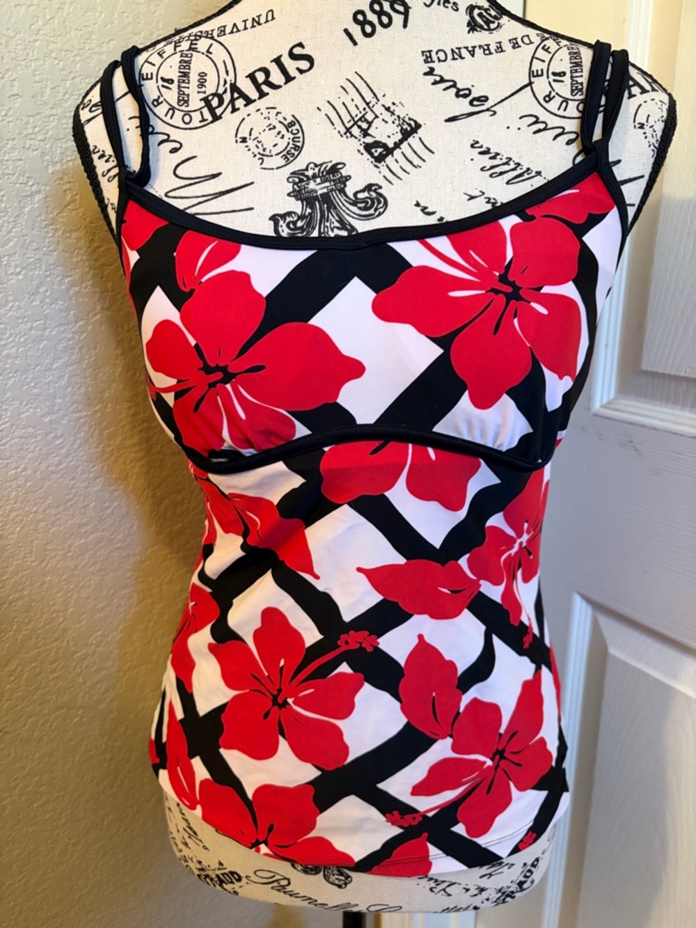 Hapari Red, Black & White Floral Tankini Top